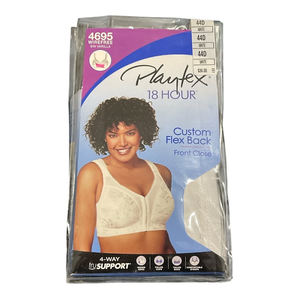 Playtex Bra Womens 44D White‎ 18 Hour Custom Flex Back Front Close Wirefree 4695